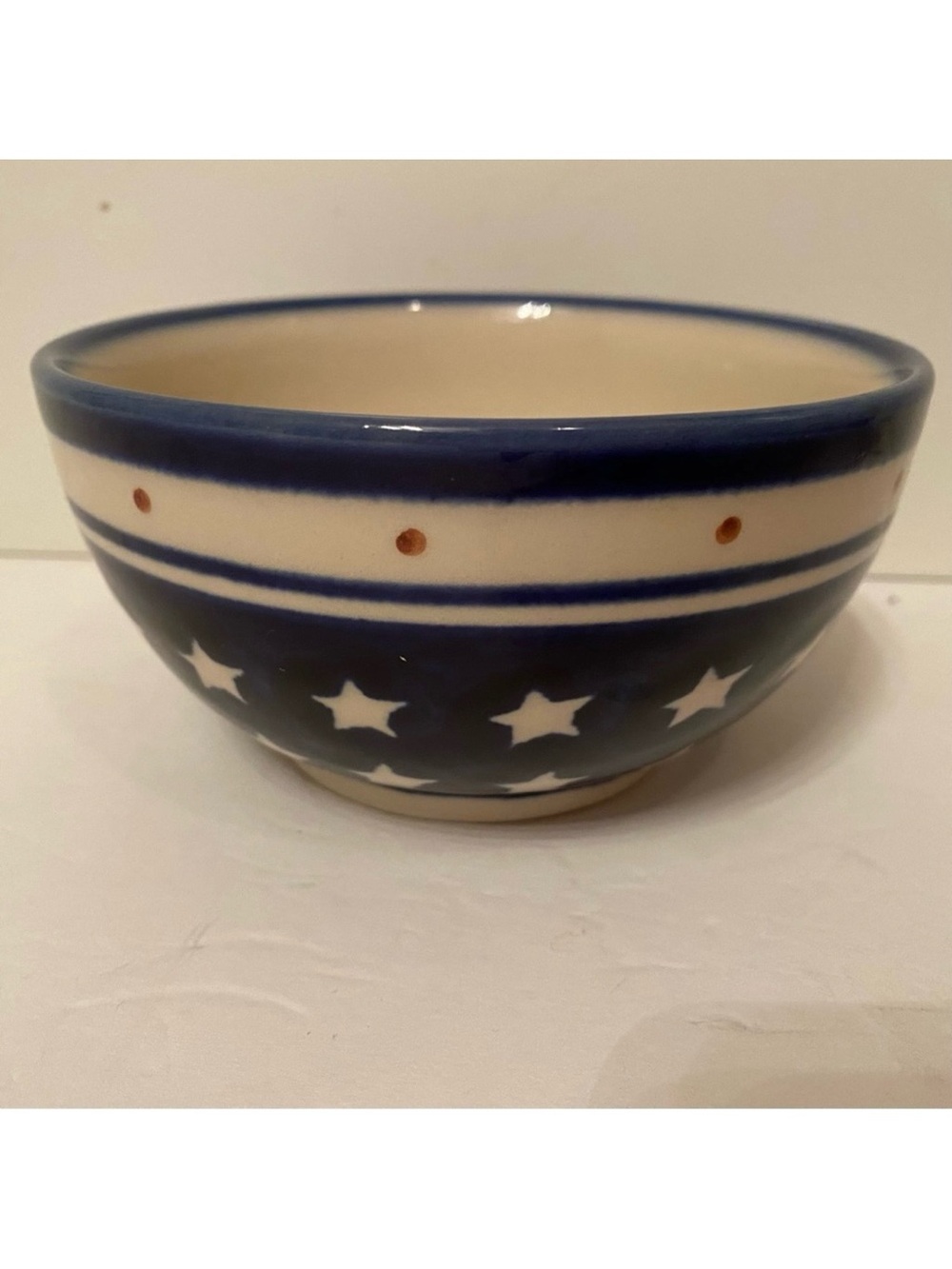 POLISH POTTERY BOWL BLUE WHITE STARS HANDMADE HOME DINING CEREAL FRUIT DINNER
